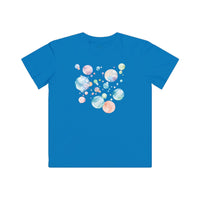 Blue Printify eco-friendly kids t-shirt with colorful bubble design on back