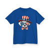 Printify eco-friendly kids t-shirt in blue featuring a dog wearing a patriotic hat and sunglasses