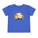 Blue eco-friendly kids t-shirt with cute lion, elephant, and giraffe graphic print