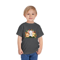 Eco-friendly kids t-shirt by Printify featuring cute jungle animals on a dark gray shirt