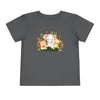 Printify eco-friendly kids t-shirt with cute lion elephant and giraffe cartoon design on gray fabric