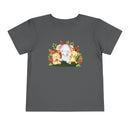 Printify eco-friendly kids t-shirt with cute lion elephant and giraffe cartoon design on gray fabric