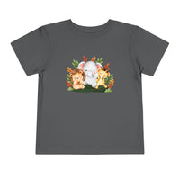 Printify eco-friendly kids t-shirt with cute lion elephant and giraffe cartoon design on gray fabric