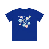 Printify eco-friendly kids t-shirt in blue with colorful bubble design on the back