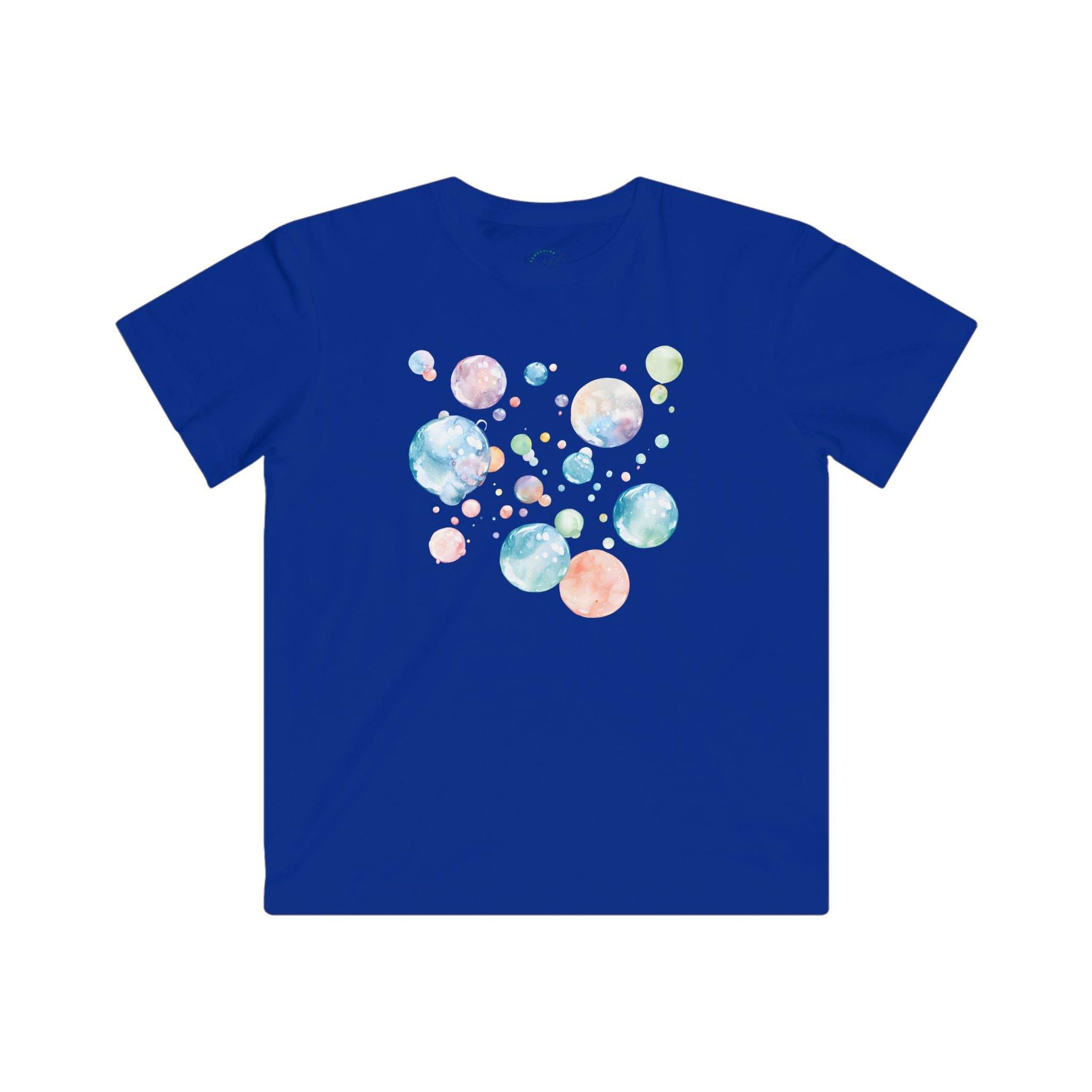 Printify eco-friendly kids t-shirt in blue with colorful bubble design on the back