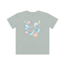 Printify eco-friendly kids t-shirt with colorful bubble design on light gray fabric