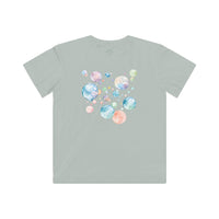 Printify eco-friendly kids t-shirt with colorful bubble design on light gray fabric