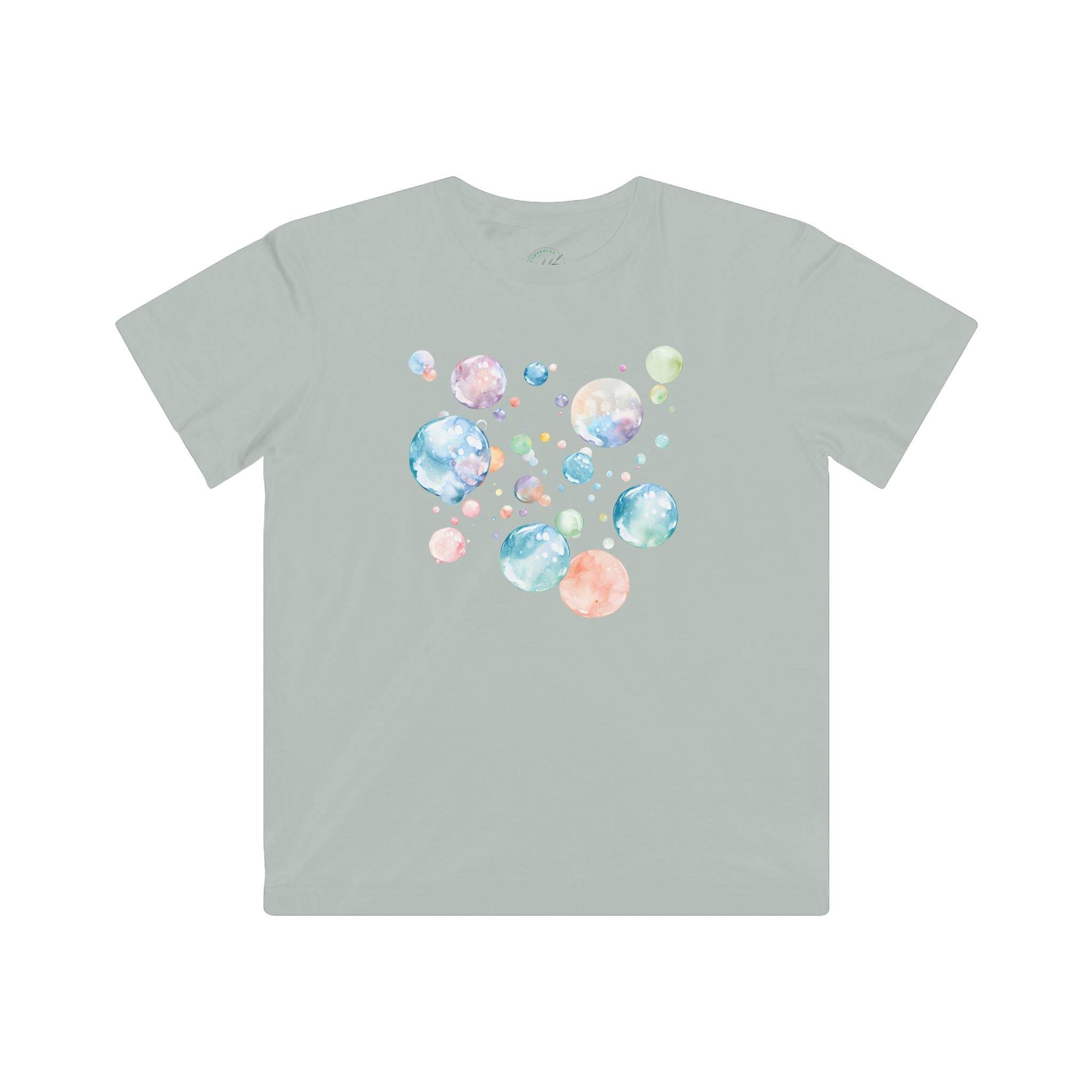 Printify eco-friendly kids t-shirt with colorful bubble design on light gray fabric