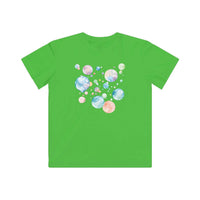 Printify green eco-friendly kids t-shirt with colorful bubble design on the back