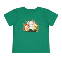 Printify eco-friendly kids t-shirt in green with cute animal design featuring a lion, elephant, and giraffe