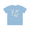 Light blue Printify eco-friendly kids t-shirt with colorful bubble design on the back