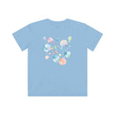 Light blue Printify eco-friendly kids t-shirt with colorful bubble design on the back