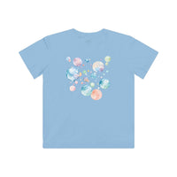 Light blue Printify eco-friendly kids t-shirt with colorful bubble design on the back