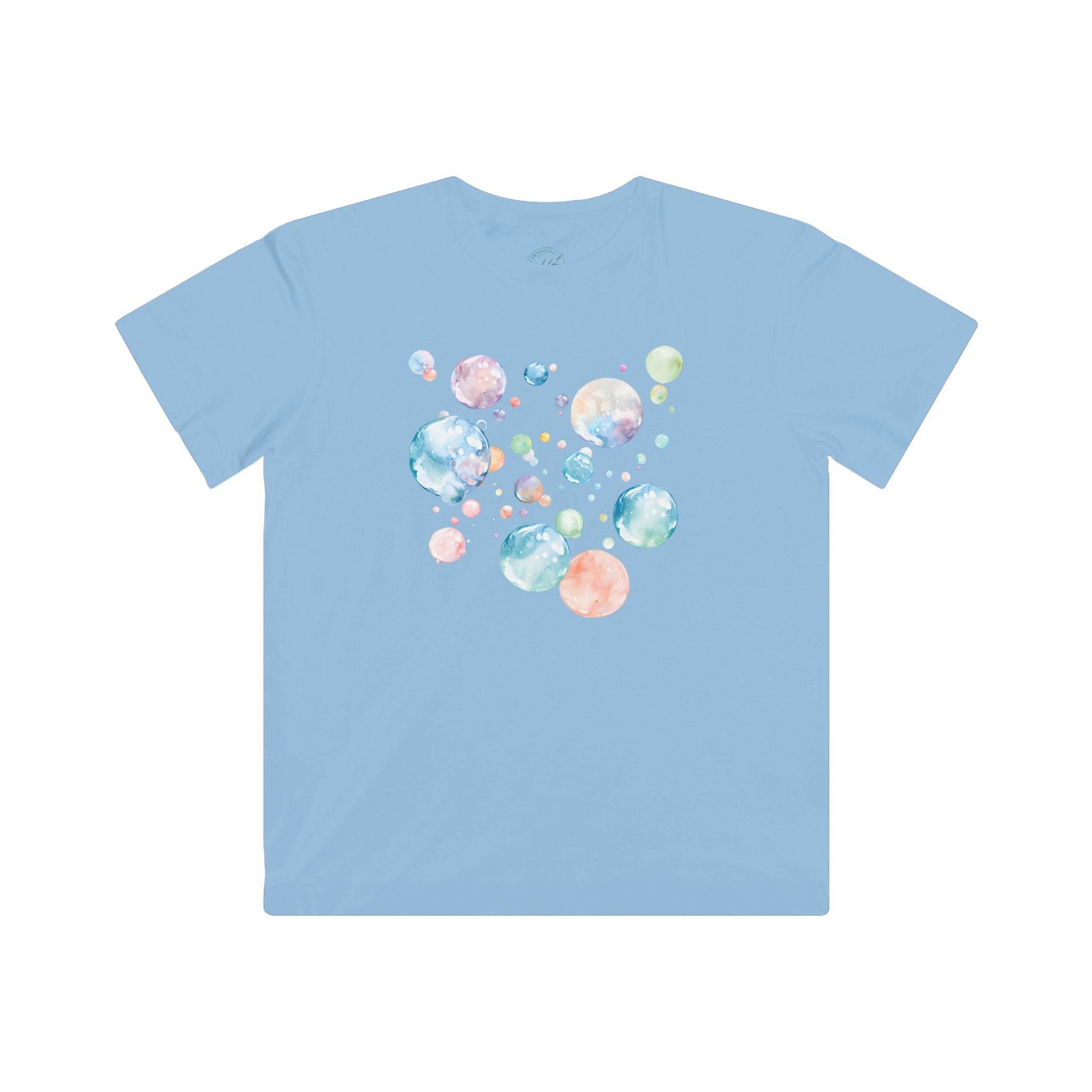 Light blue Printify eco-friendly kids t-shirt with colorful bubble design on the back