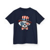 Printify navy eco-friendly kids t-shirt with patriotic dog wearing American flag sunglasses and hat