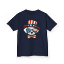 Printify navy eco-friendly kids t-shirt with patriotic dog wearing American flag sunglasses and hat