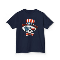 Printify navy eco-friendly kids t-shirt with patriotic dog wearing American flag sunglasses and hat