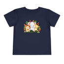 Printify navy blue eco-friendly kids t-shirt with cute lion elephant and giraffe animal design