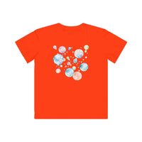 Printify bright orange eco-friendly kids t-shirt with colorful bubble design on the back