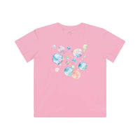 Pink eco-friendly kids t-shirt by Printify with colorful bubble design on front