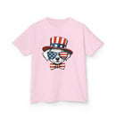 Printify eco-friendly kids t-shirt in pink with patriotic dog wearing American flag sunglasses and hat