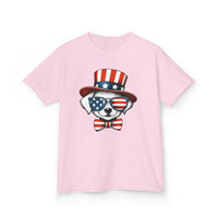 Printify eco-friendly kids t-shirt in pink with patriotic dog wearing American flag sunglasses and hat