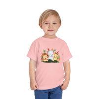 Eco-friendly kids t-shirt by Printify in pink with cute jungle animals graphic worn by child