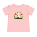 Pink eco-friendly kids t-shirt with cute lion, elephant, and giraffe animal design by Printify