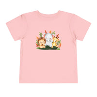 Pink eco-friendly kids t-shirt with cute lion, elephant, and giraffe animal design by Printify