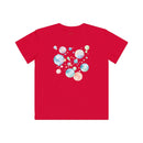 Red Printify eco-friendly kids t-shirt with colorful bubble design on the back