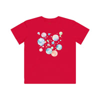Red Printify eco-friendly kids t-shirt with colorful bubble design on the back