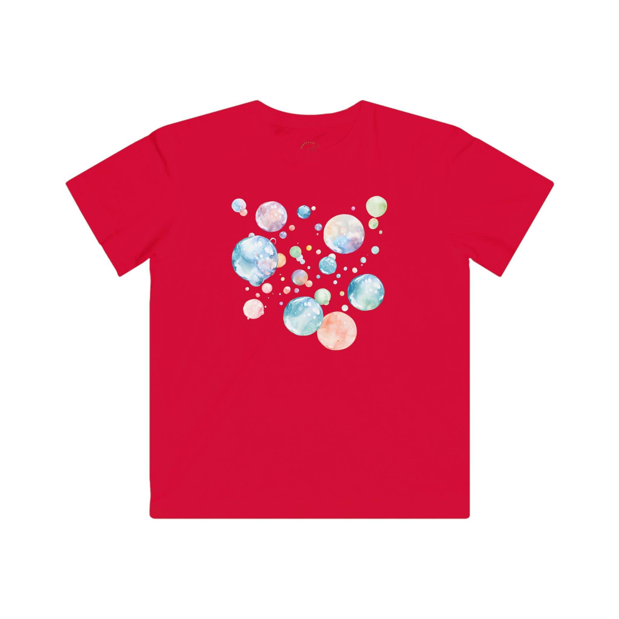 Red Printify eco-friendly kids t-shirt with colorful bubble design on the back
