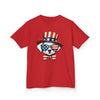 Red Printify eco-friendly kids t-shirt featuring a dog with American flag sunglasses and patriotic hat