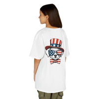 Printify eco-friendly kids t-shirt featuring back print of dog with USA flag sunglasses and patriotic hat