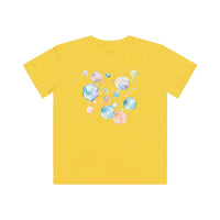 Yellow eco-friendly kids t-shirt by Printify with colorful bubble design on the back