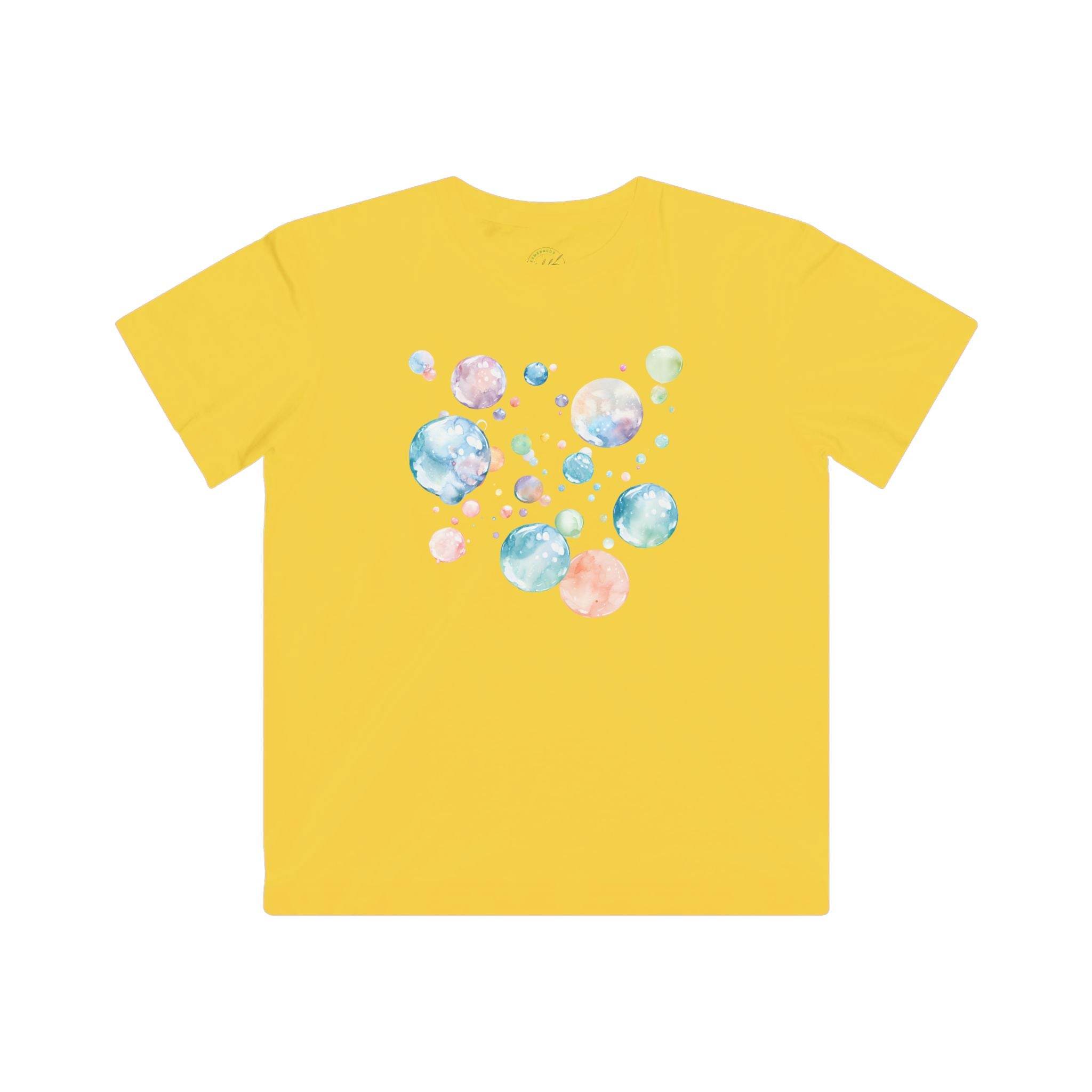Yellow eco-friendly kids t-shirt by Printify with colorful bubble design on the back