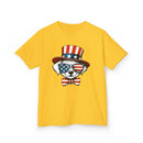 Yellow Printify eco-friendly kids t-shirt with dog wearing patriotic American flag sunglasses and hat