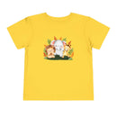 Yellow eco-friendly kids t-shirt with cute lion elephant and giraffe animal print by Printify
