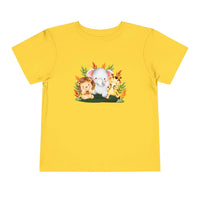 Yellow eco-friendly kids t-shirt with cute lion elephant and giraffe animal print by Printify