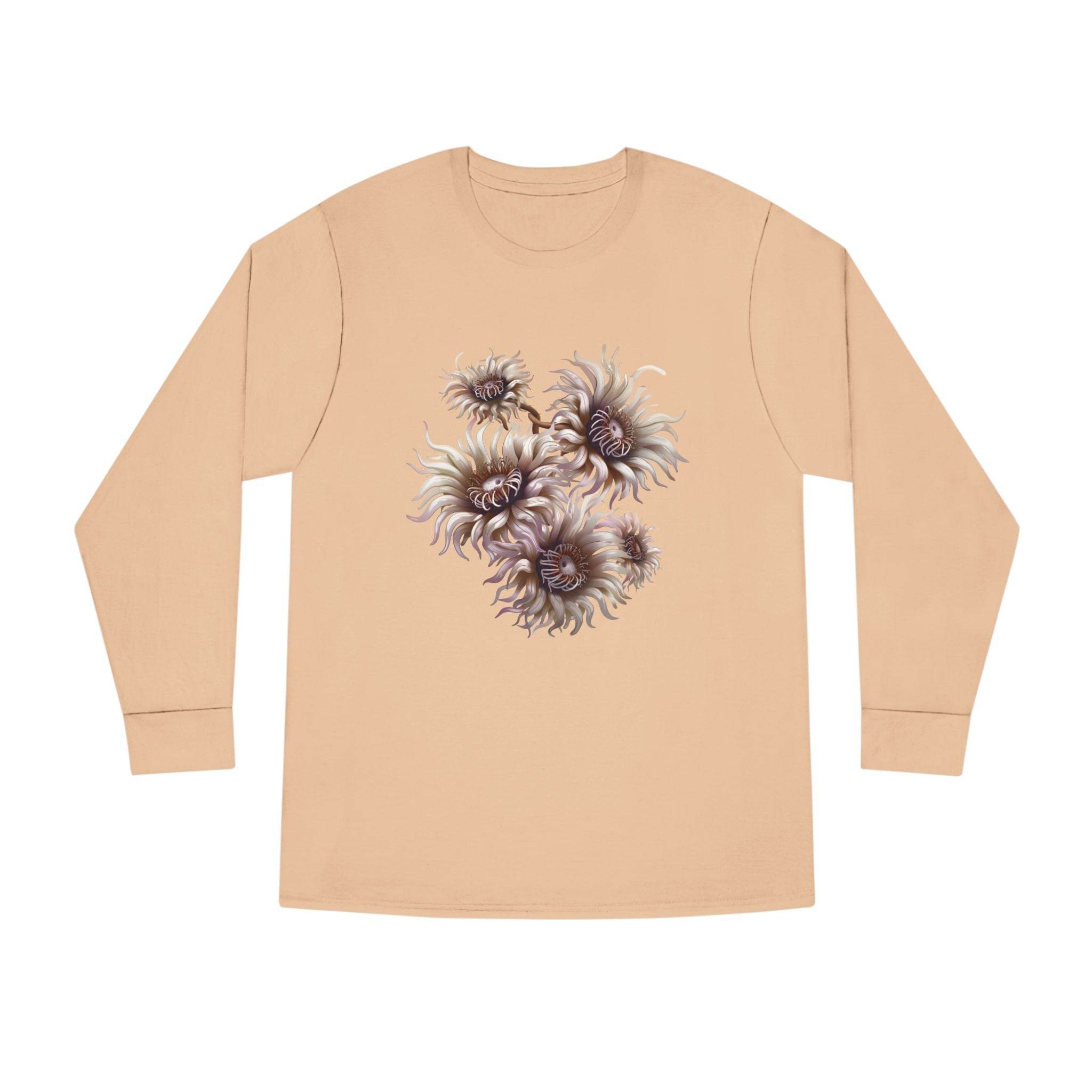 Printify eco-friendly long sleeve shirt in beige with abstract floral design on front