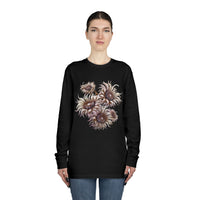 Printify eco-friendly long sleeve shirt in black with floral graphic worn by woman
