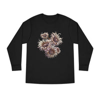 Printify eco-friendly long sleeve shirt in black with floral abstract design on the front