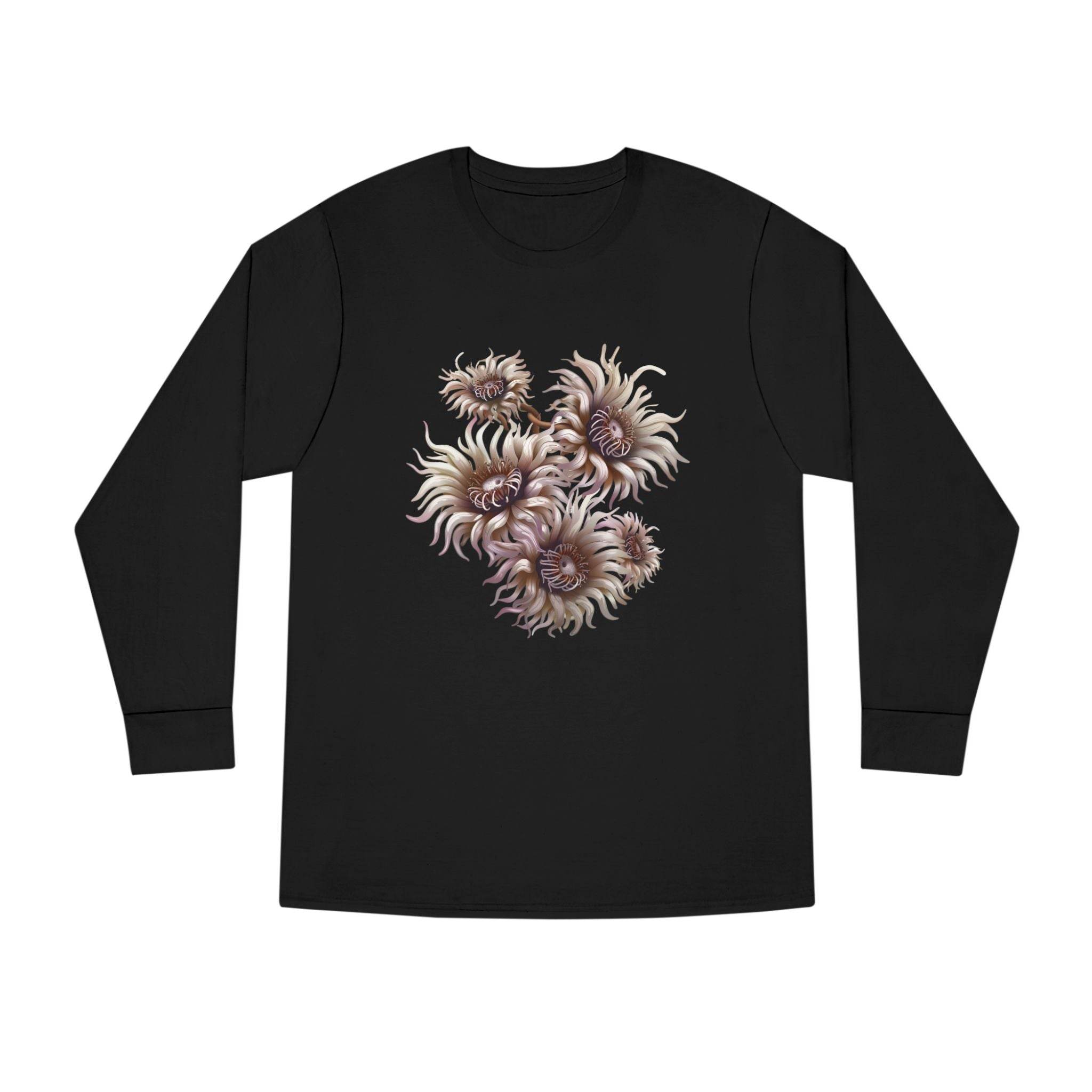 Printify eco-friendly long sleeve shirt in black with floral abstract design on the front