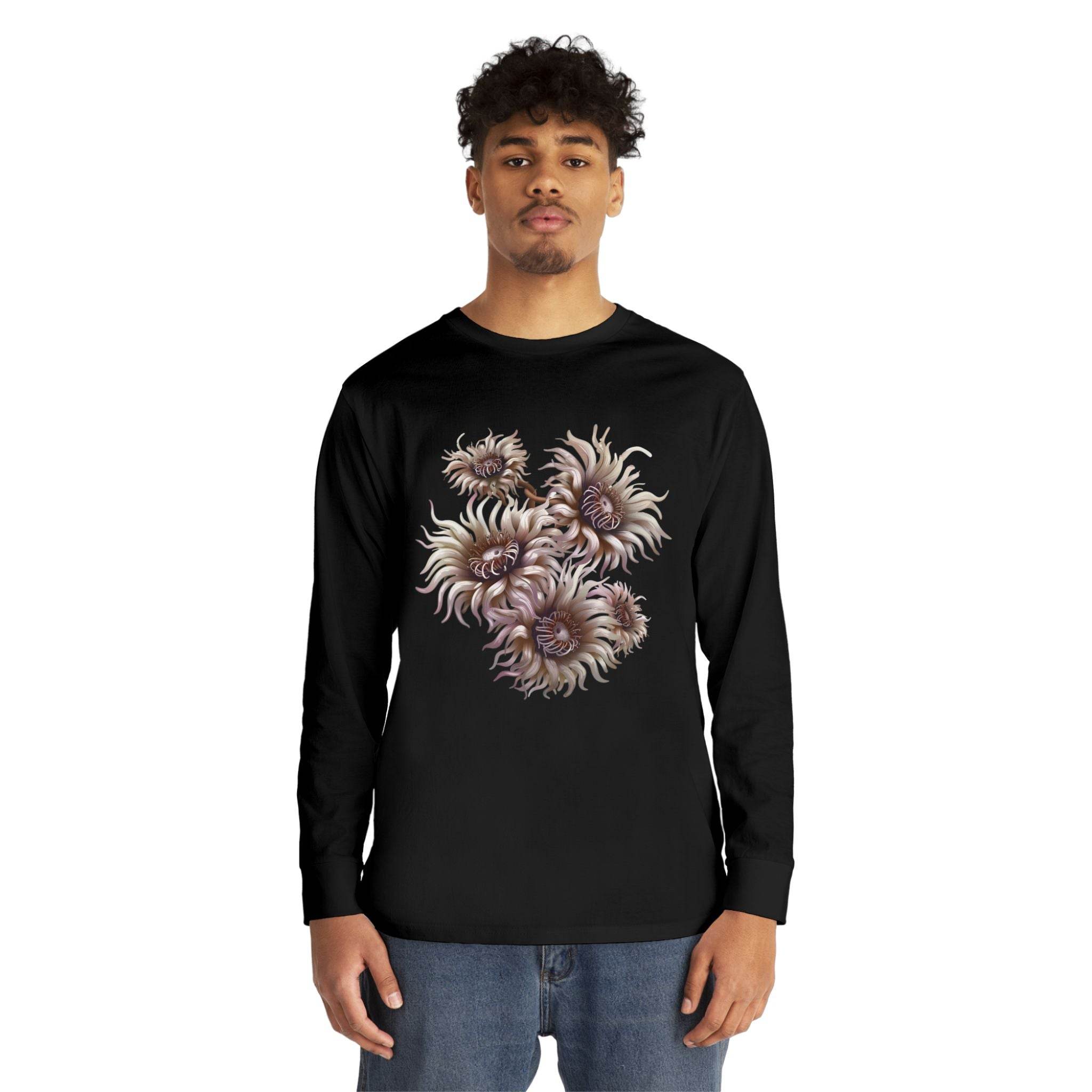 Printify eco-friendly long sleeve shirt in black with abstract floral design worn by male model