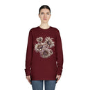 Printify eco-friendly long sleeve shirt in burgundy with floral design worn by female model