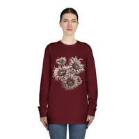 Printify eco-friendly long sleeve shirt in burgundy with floral design worn by female model