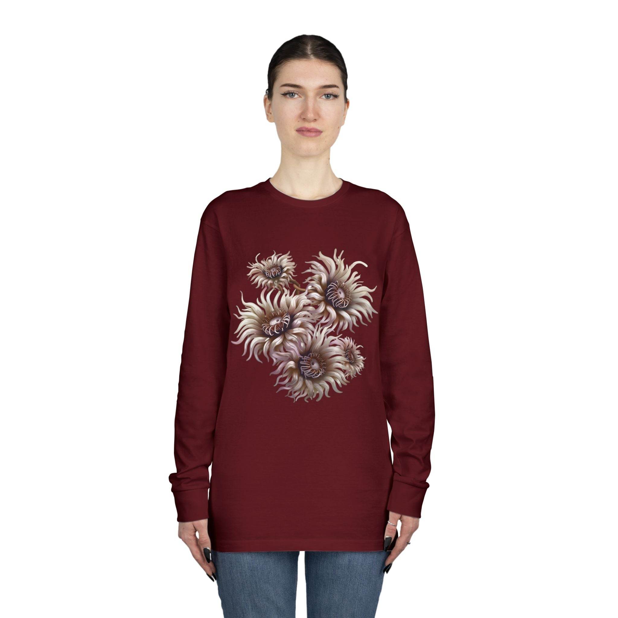 Printify eco-friendly long sleeve shirt in burgundy with floral design worn by female model