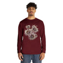 Printify eco-friendly long sleeve shirt in maroon with floral design worn by male model