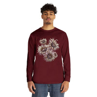 Printify eco-friendly long sleeve shirt in maroon with floral design worn by male model
