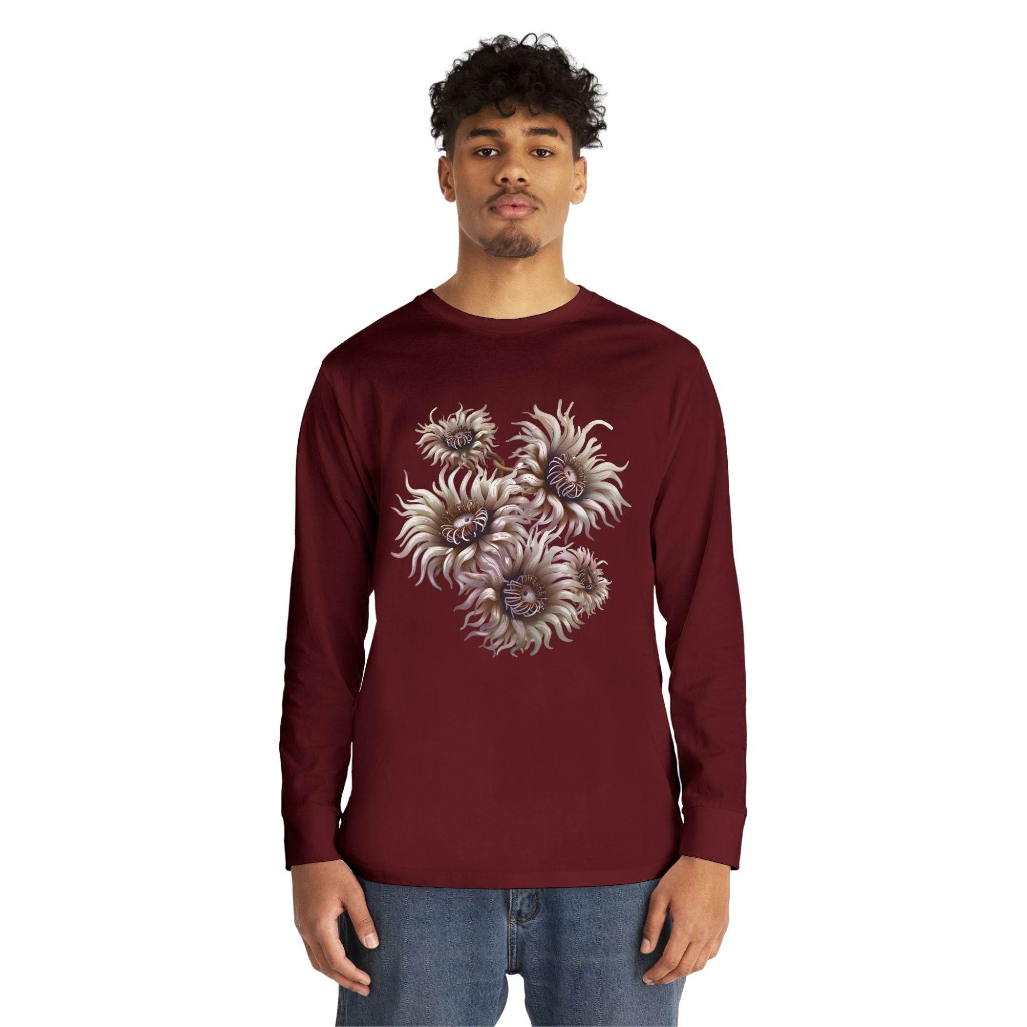 Printify eco-friendly long sleeve shirt in maroon with floral design worn by male model